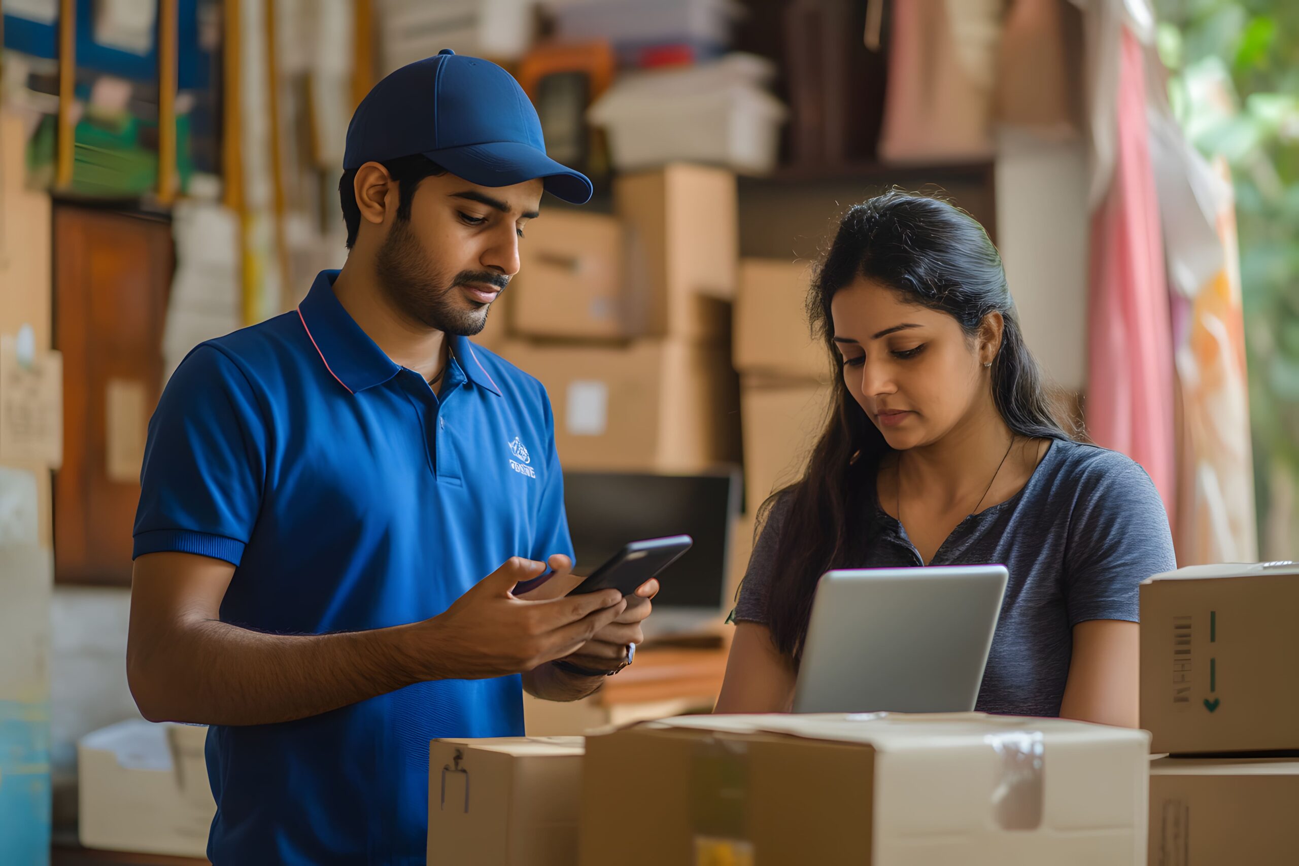 A man in a blue cap and polo checks his phone, while a woman with long hair uses a laptop. They stand among boxes, suggesting a busy, organised shipment area inside Sorting Centre, Shree Maruti.