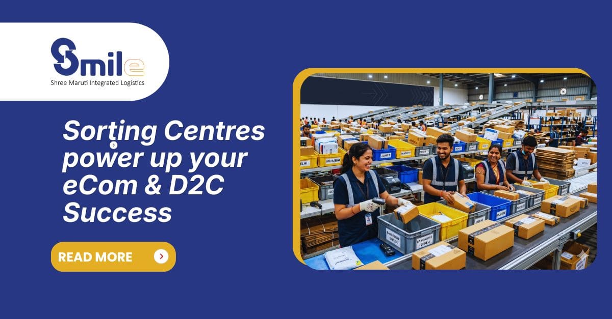 Sorting center banner with smiling workers handling packages on a conveyor belt, highlighting logistics success for eCommerce and D2C. Shree Maruti logo.